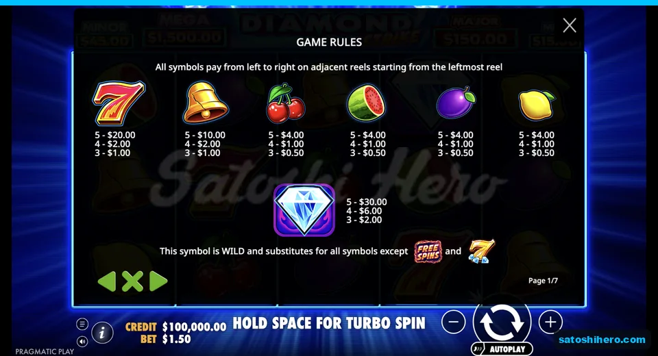Paytable lists fruit, seven, bell, and diamond values