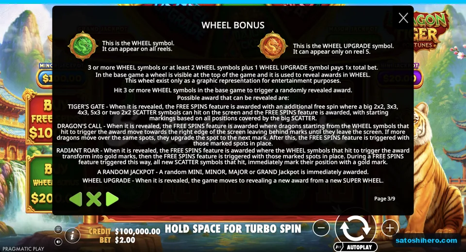 Bonus Wheel rules display prize options