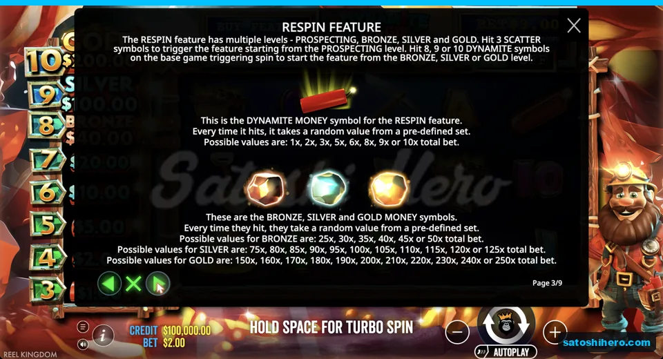 Respin levels and money symbols displayed