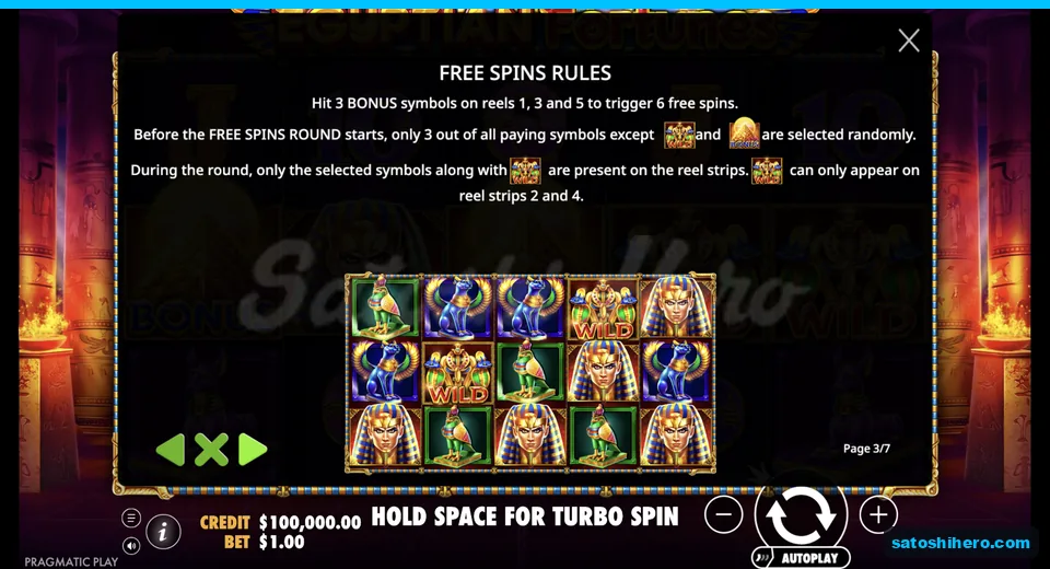 Rules page explains six free spins