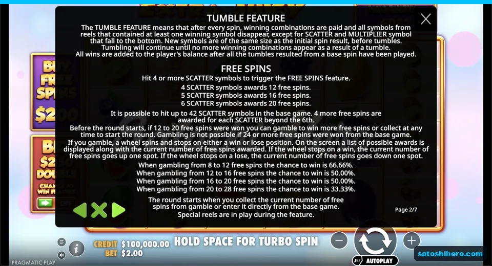 Info page lists tumbles and free spins