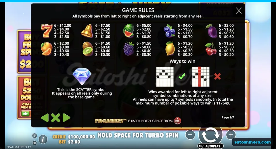 Paytable shows red seven top value