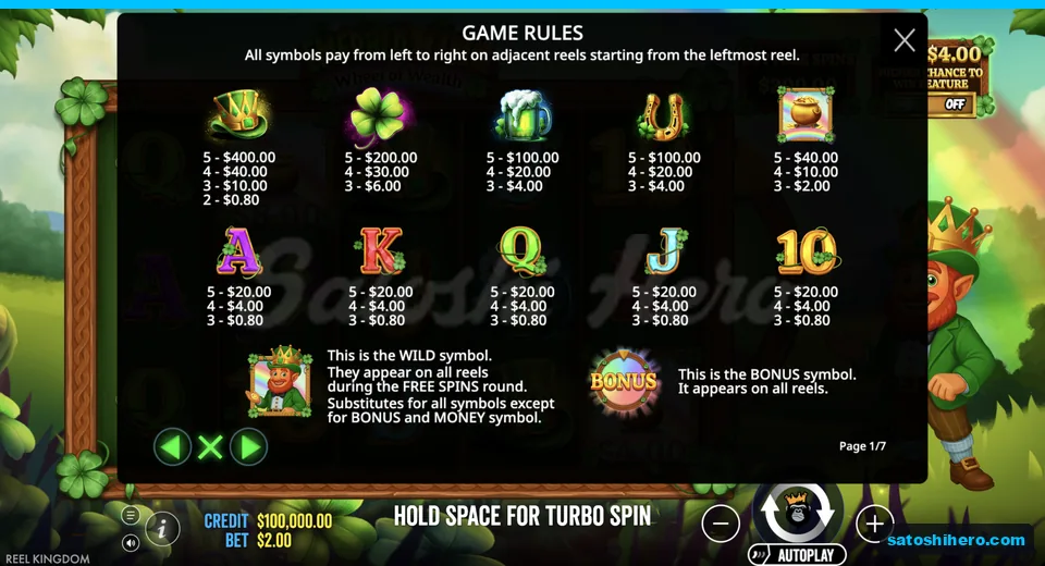 Paytable lists symbols and payout values