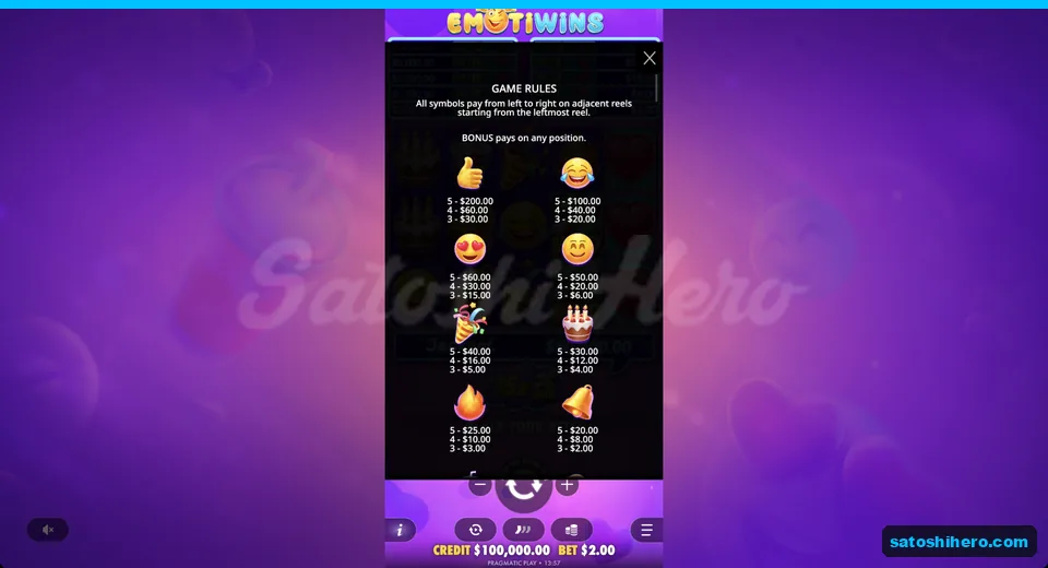 Rules panel lists emoji symbol payouts