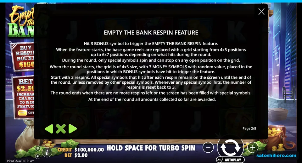 Rules page explains trigger grid and respins