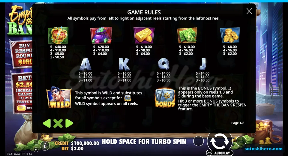 Paytable lists crown through card royal values