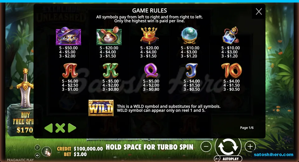 Paytable lists owl to card values