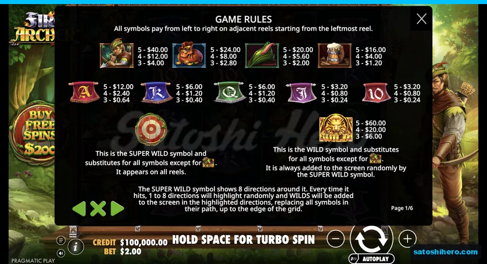Paytable opens with archer and wild values