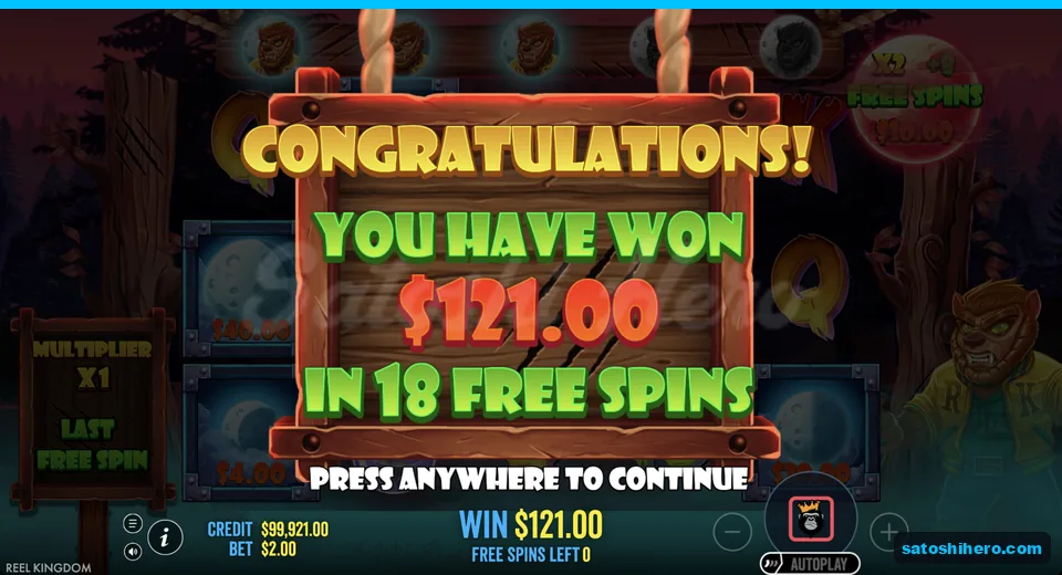 Congratulations banner shows 121.00 over 18 spins