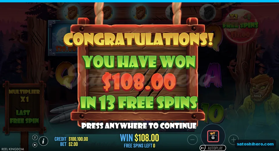 Congratulations banner shows 108.00 over 13 spins