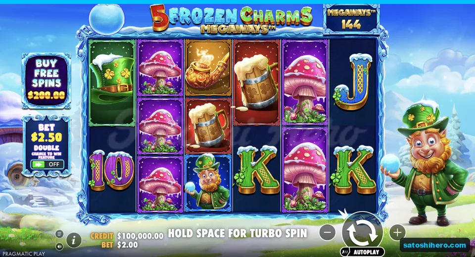 Idle grid shows icy reels and leprechaun