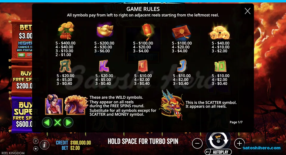 Paytable lists premiums, royals, wilds and scatter