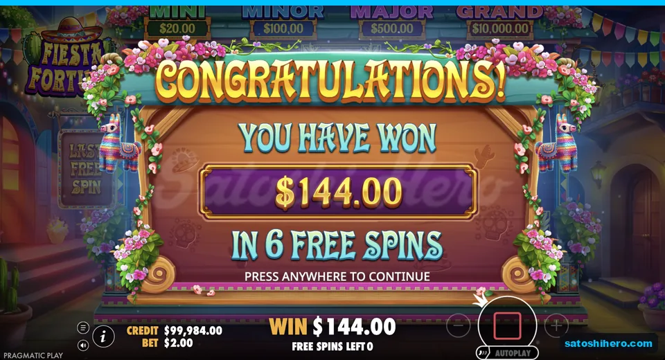 Free spins collect screen shows $144 total