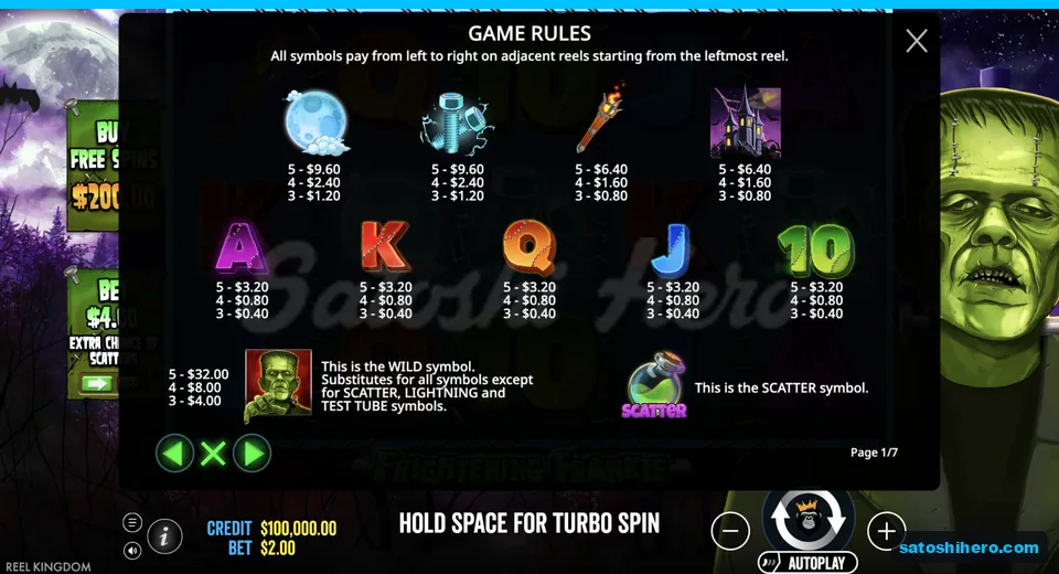 Paytable lists moon test tube and royal values