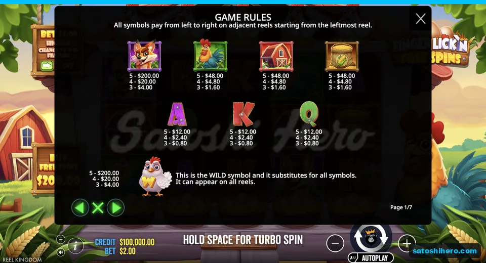 Game rules show symbol pay values
