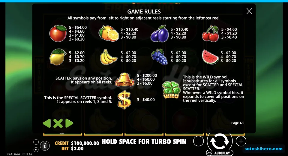 Rules page lists fruit and scatter pays