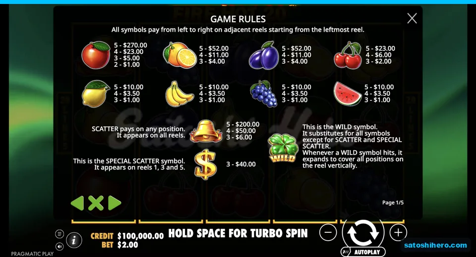 Rules page lists fruit pays and special symbols