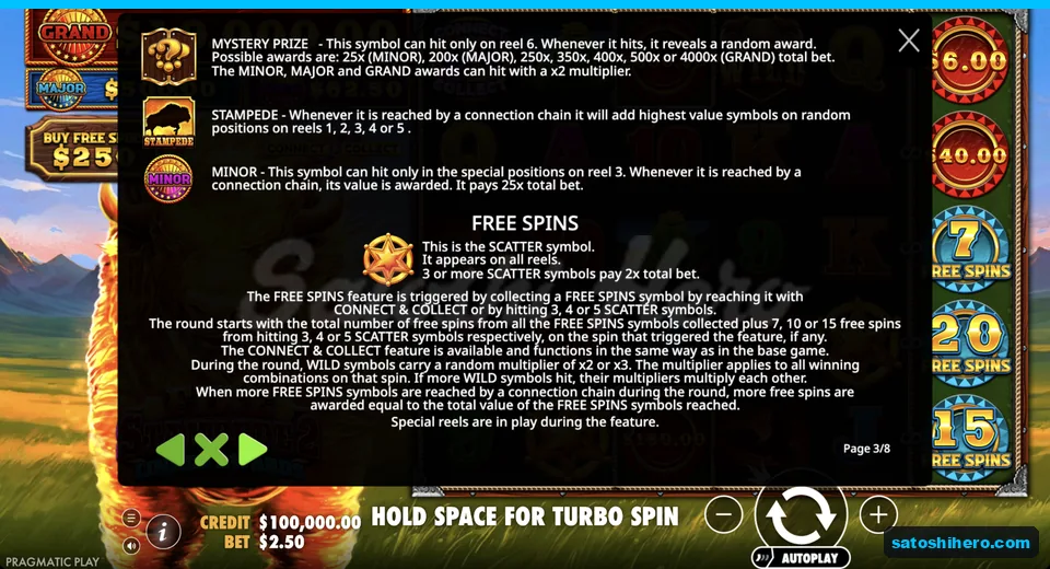 Rules page explains jackpots and scatter badge