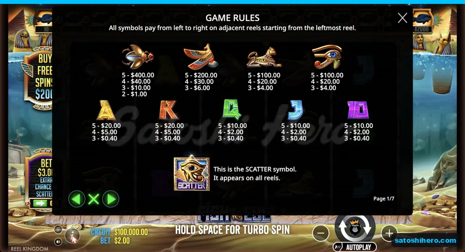 Paytable lists scarab ibis cat and card values
