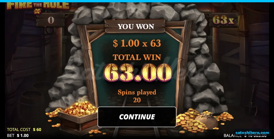 Total win screen shows 63.00 dollars