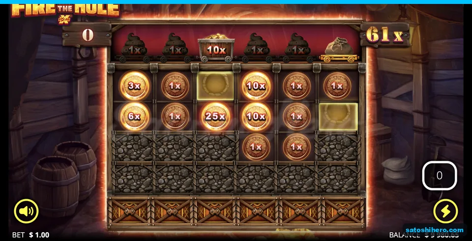 Money coins fill board with 61x multiplier