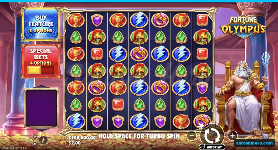 Idle grid shows Zeus and symbol tiles