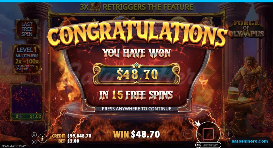 Collect screen shows $48.70 free spins payout