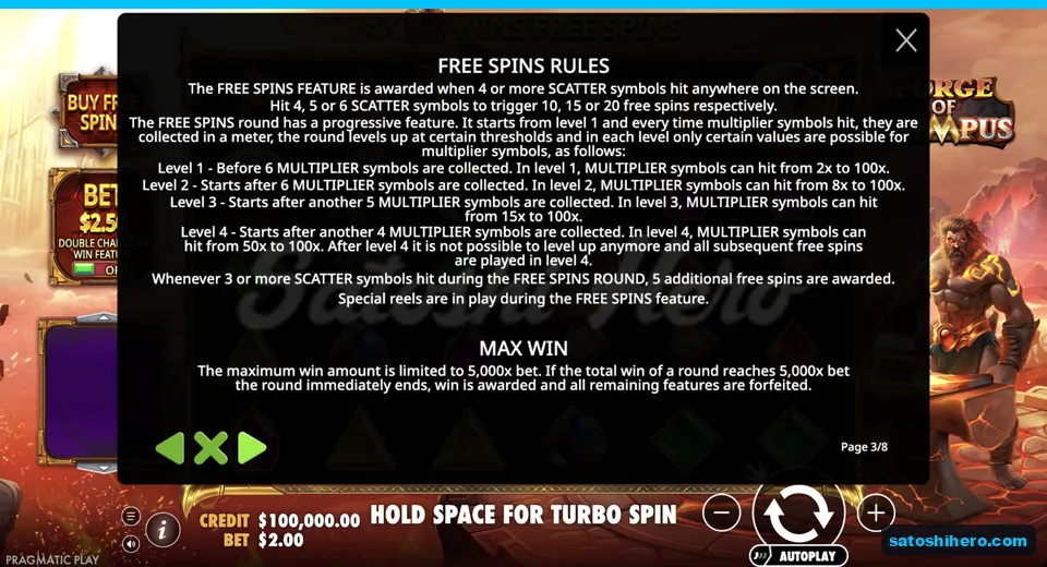 Free spins rules show spin awards and level meter