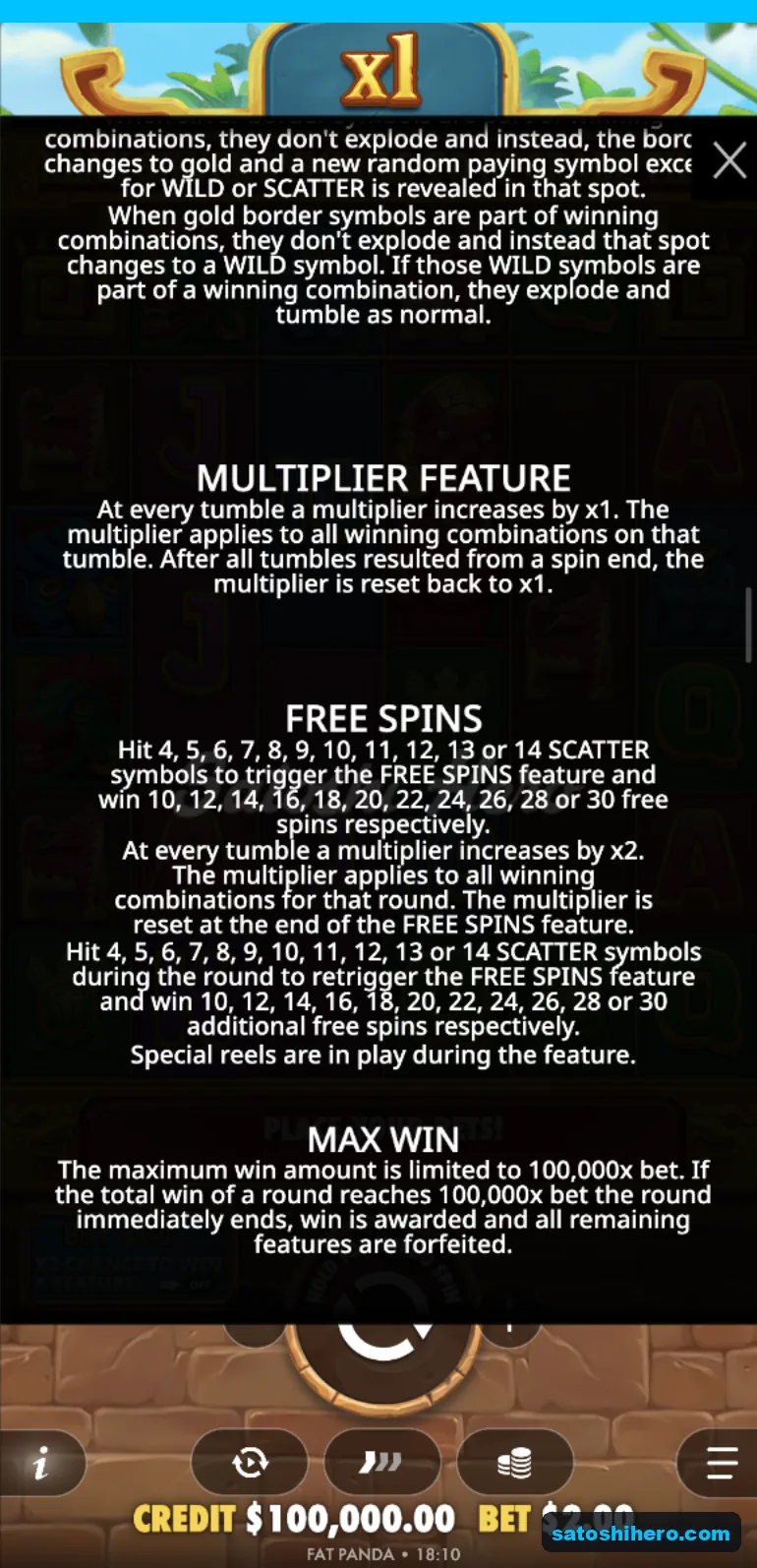 Rules screen details multiplier and free spins awards
