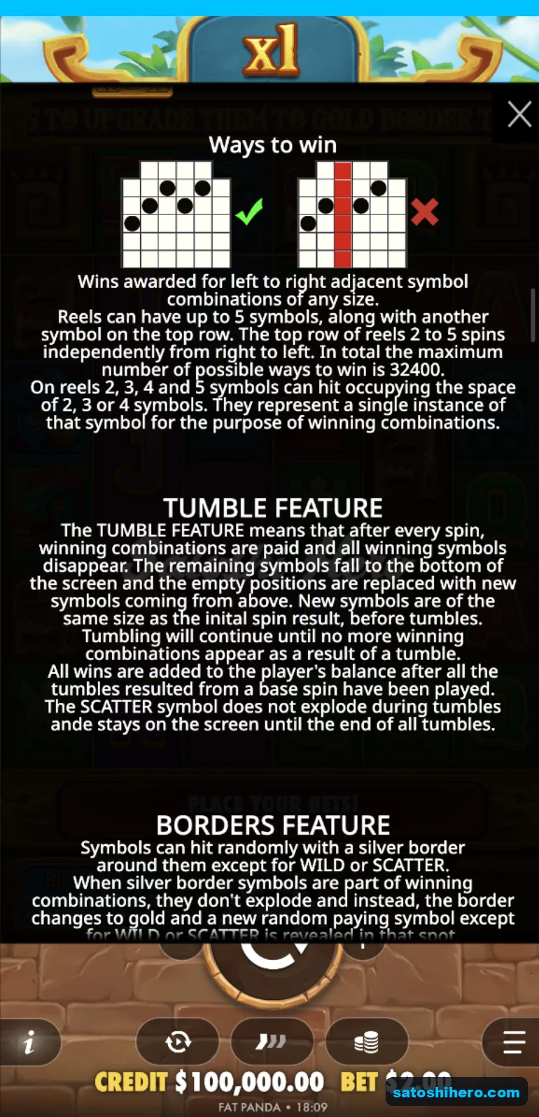 Rules screen explains ways tumbles and borders