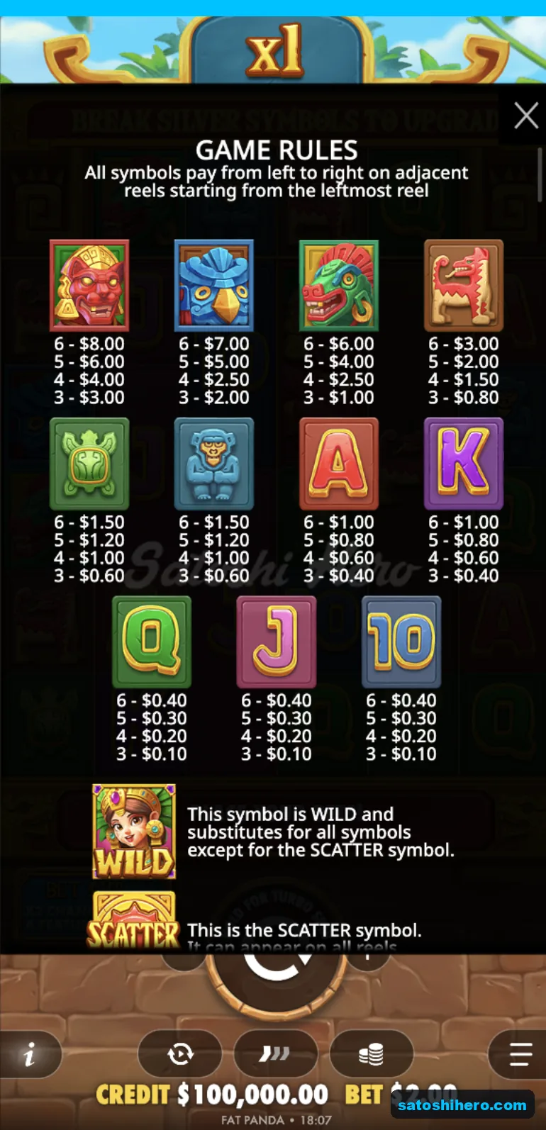 Paytable lists idol and card symbol values