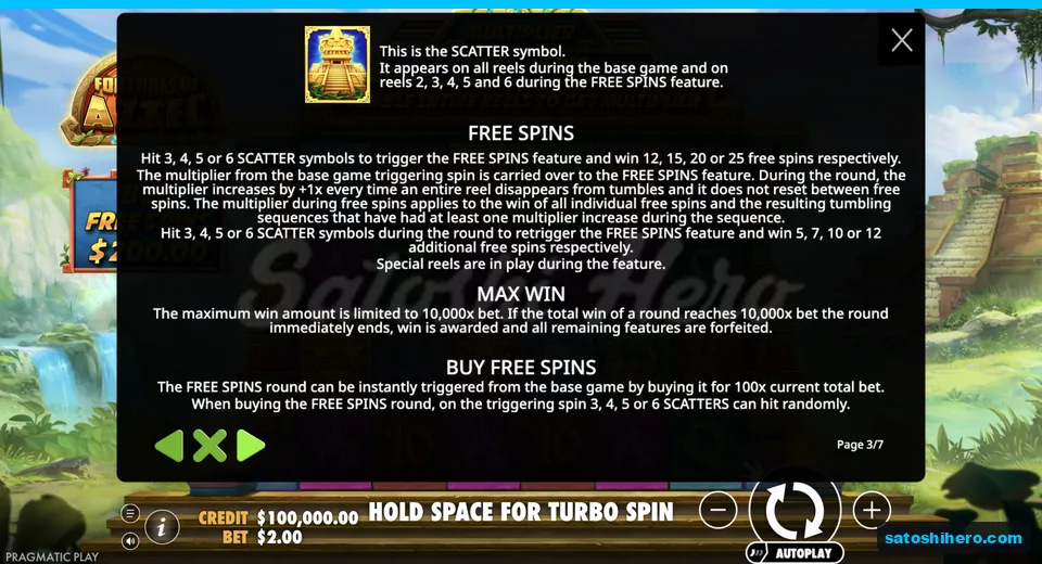 Scatter rules show free spins and buy cost
