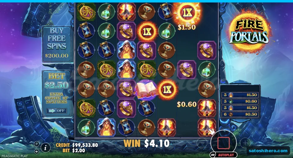 Cluster win resolves with portal wilds on grid