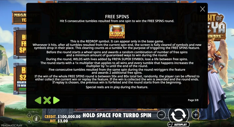 Free spins rules show Redrop and multiplier panel
