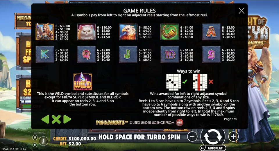 Paytable lists symbols and 117649 ways rule