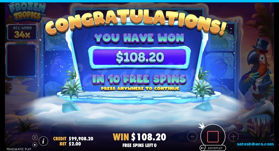 Collect screen shows $108.20 in 10 free spins