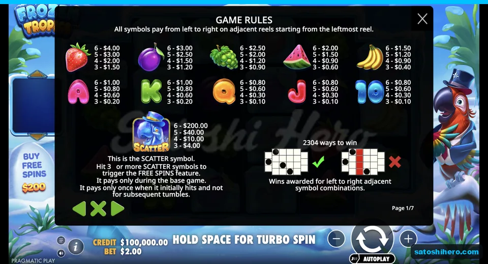 Paytable lists fruit values and parrot Scatter
