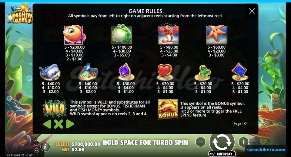 Paytable lists fish gear and card values