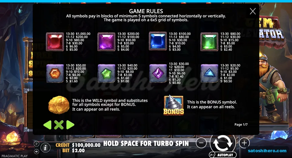 Paytable lists gem values and Wild nugget