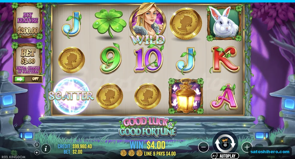 Win banner shows a four dollar payout