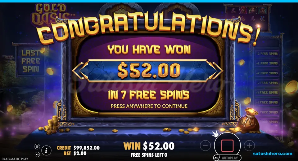 Free spins collect screen shows $52.00