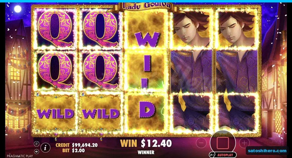 Line win resolves with stacked wilds and queens