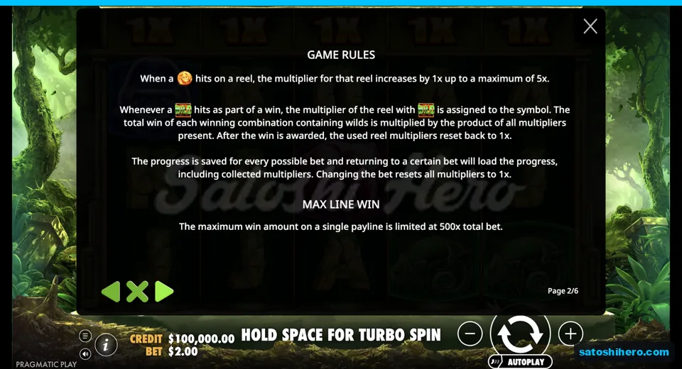 Rules page explains reel multiplier increases