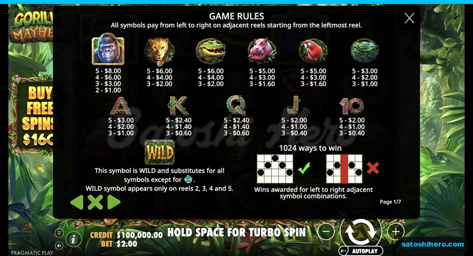 Paytable lists animal and royal symbol values