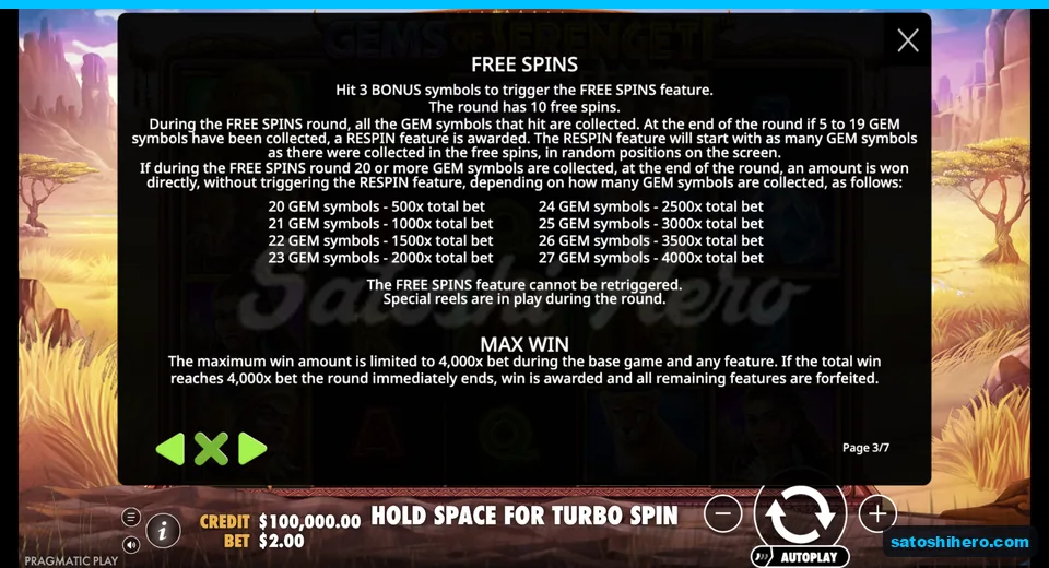 Free Spins rules show drums and gem totals