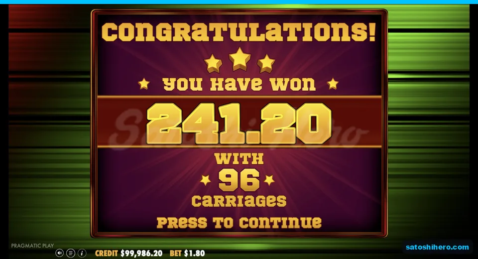 Bonus collect screen shows $241.20 across 96 carriages