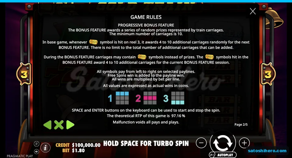 Rules panel explains scatter trigger and carriage awards