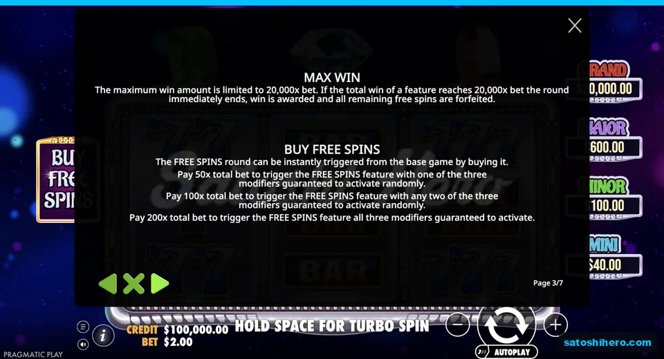 Rules page shows max win and buy options