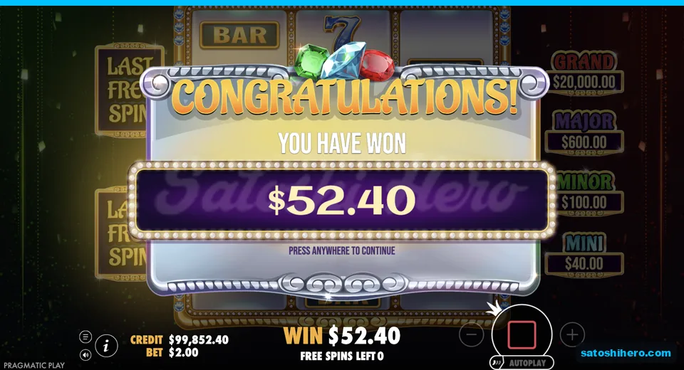 Collect screen shows $52.40 total won