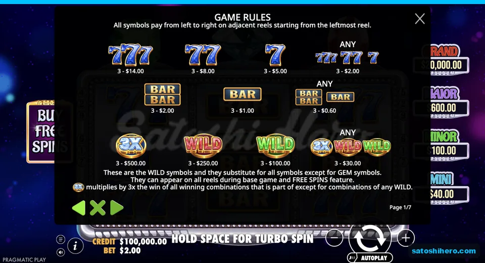 Paytable lists three-symbol values at $2.00